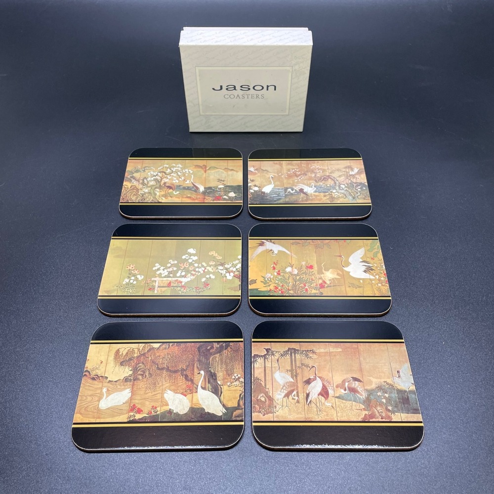 Jason Cork Coasters Oriental Screens Set of 6 Gold Black Cranes Japanese Style